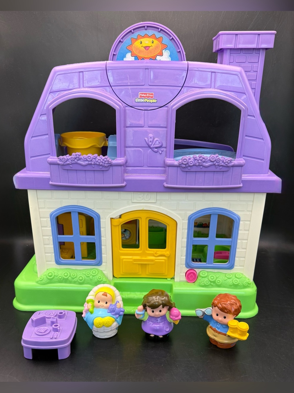 2008 Fisher Price House Little People Happy Sounds Home Purple With Family WORKS